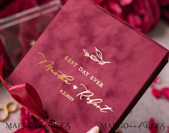 RINGTRÄGERBOXEN & KISSEN Samtkästchen für den Trauungszeremonie Marsala Gold Velvet Acryl Hochzeitsringbox, Glamour Maroon und Gold Hochzeitsringbox, Elegante Hochzeitsbox Samt Burgunder Rosa, Handgemachte Hochzeitsringbox 24/VelvetMaroon/box