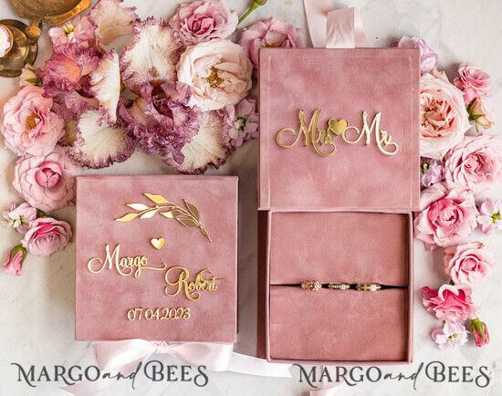 RINGTRÄGERBOXEN & KISSEN Samtkästchen für den Trauungszeremonie Blush Pink Goldene Samt Hochzeitsringbox für die Zeremonie, Ringbox für die Hochzeitszeremonie 3 Ringe Samt, Boho Glam Hochzeitsringboxen für ihn und sie, Luxuriöse Samt Ringbox doppelt maßgeschneiderte Farben 11/velGPx/Wrbox