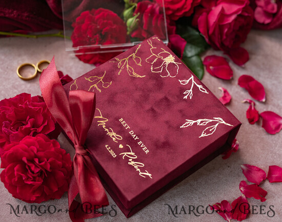 RINGTRÄGERBOXEN & KISSEN Samtkästchen für den Trauungszeremonie Marsala Gold Velvet Acryl Hochzeitsringe Box, Glamour Maroon und Gold Hochzeitsringe Box, Elegante Hochzeitsbox Samt Burgunder Rosa, Handgemachte Hochzeitsringe Box 23/VelvetMaroon/box