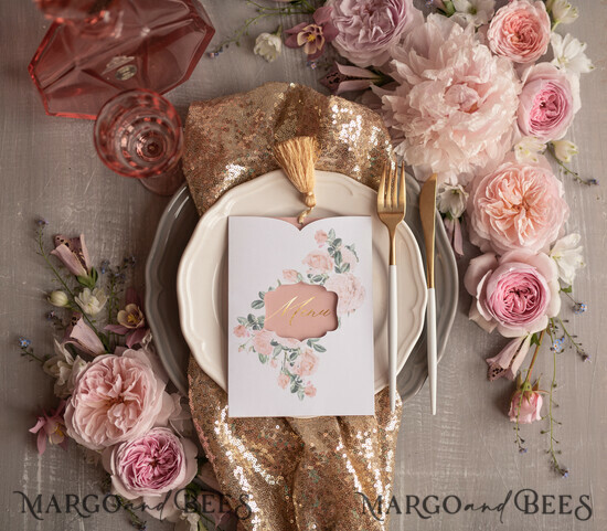 MENÜ & PROGRAMME  
 Glitzer/ Luxus Premium Glamour Gold Foil Shine Hochzeitsmenü, romantische Blush-Pink Blumen-Hochzeitsmenükarten, luxuriöses arabisches Menü mit Tasche und goldener Quaste, elegantes florales Hochzeitsmenü. 1/lamchw/m