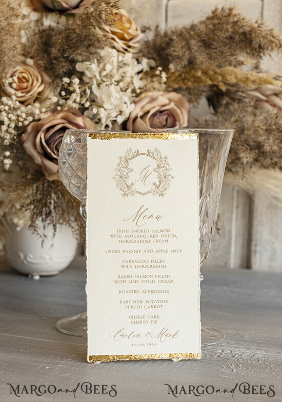 MENÜ & PROGRAMME  
 Glitzer/ Luxus Premium Elegantes Elfenbein-Hochzeitsmenü, handgerissene Kante Elegante Hochzeitsmenükarten mit goldener Folienrand, Programm Abendessen Hochzeitsmenü 