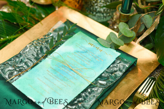 MENÜ & PROGRAMME  
 Glitzer/ Luxus Premium Minimalistisches Aquarell Hochzeitsmenü, Einfach elegante grüne Menükarten mit goldener Schnur, Romantisches Dinner-Menü mit gezacktem Rand für eine grüne Hochzeit, Einzigartige Schreibwaren 01/gw/m