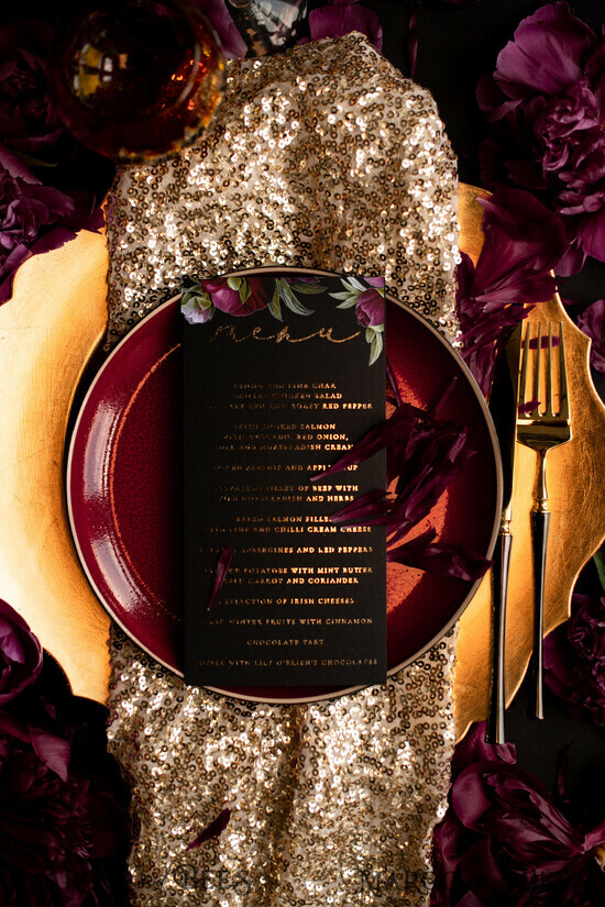 MENÜ & PROGRAMME  
 Glitzer/ Luxus Premium Glamour Schwarzes Hochzeitsmenü, Florales Bohemian Empfangsabendessen Menü, Romantisches Goldfolien Florales Menü, Elegantes Schickes Schwarzes Hochzeitsmenü, Modernes Handgemachtes Schwarzes Menü 1/goltbot/M