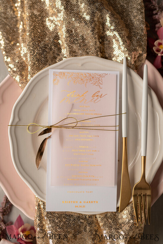 MENÜ & PROGRAMME  
 Glitzer/ Luxus Premium Glamour Golden Shine Hochzeitsmenü, romantisches Blush Pink Hochzeitsmenü mit goldenem Zwirn, luxuriöse Goldfolien-Hochzeitsmenükarten, elegantes florales weißes Abendmenü. 15/GOLDKALW/m