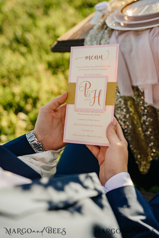 MENÜ & PROGRAMME  
 Glitzer/ Luxus Premium Romantisches Golden Shine Hochzeitsmenü, Glamour Abendessen Menü mit Glitzer-Bauchband, Elegantes Monogramm Party Tischmenü, Modernes Hochzeitsmenü-Karte 01/GL1/m