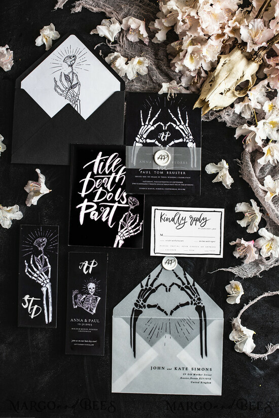 HOCHZEITS EINLADUNGEN Moderne Einladungen Florale Karten Halloween Hochzeitskarten Set, Schwarze Einladungen, Gruselige Halloween Einladungen, Gothic Hochzeitskarten, Skelett Hochzeitsset schwarz 1/black/z