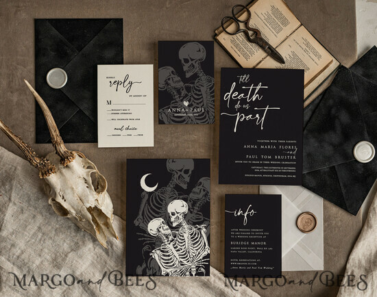 HOCHZEITS EINLADUNGEN Moderne Einladungen Florale Karten Halloween-Hochzeits-Einladungssuite, schwarze Einladungen, Tarotkarten-Einladungen, gothische Hochzeits-Einladungskarten, das Liebespaar-Skelett-Hochzeitsset schwarz 4/black/z