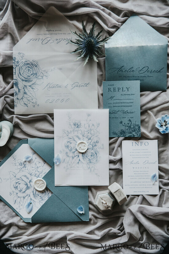 HOCHZEITS EINLADUNGEN Moderne Einladungen Florale Karten Zarte staubblaue Hochzeitskarten, moderne florale Hochzeits-Einladungen, minimalistische Vellum-Hochzeitseinladungssuite, elegante und handgemachte Hochzeitsstationery 02/kal/z