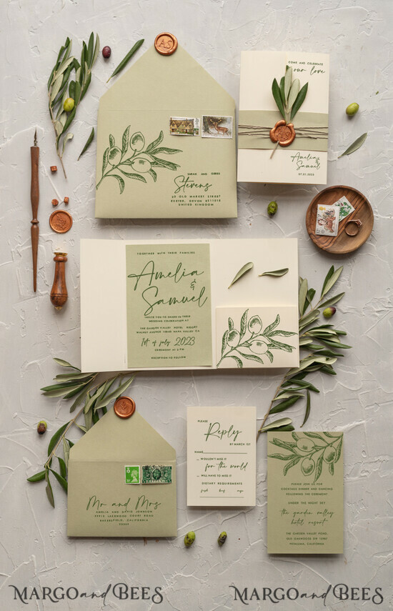 HOCHZEITS EINLADUNGEN Moderne Einladungen Florale Karten Natürliche Oliven Hochzeitskarten, elegante einfache Hochzeitskarten-Set, griechische Hochzeitsstationery, natürliche Oliven luxuriöse Hochzeitskarten Wachs Kupfer 03/OL/z