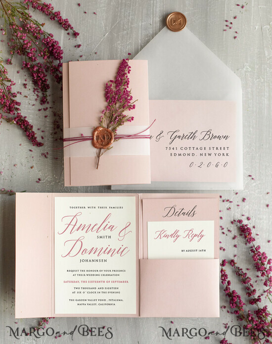 HOCHZEITS EINLADUNGEN Moderne Einladungen Florale Karten Romantische Hochzeitskarten in Blush Pink, elegante Hochzeits Einladung Suite mit Heidekraut, zarte Vellum Hochzeitskarten, minimalistische Hochzeitseinladungen 01/heather/z