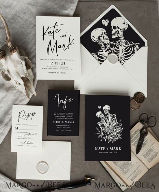 HOCHZEITS EINLADUNGEN Moderne Einladungen Florale Karten Halloween Hochzeitskarten Suite, Schwarze Einladungen, Tarotkarten Einladungen, Gothic Hochzeitskarten, Das Liebespaar Skelett Hochzeitsset schwarz 5/black/z