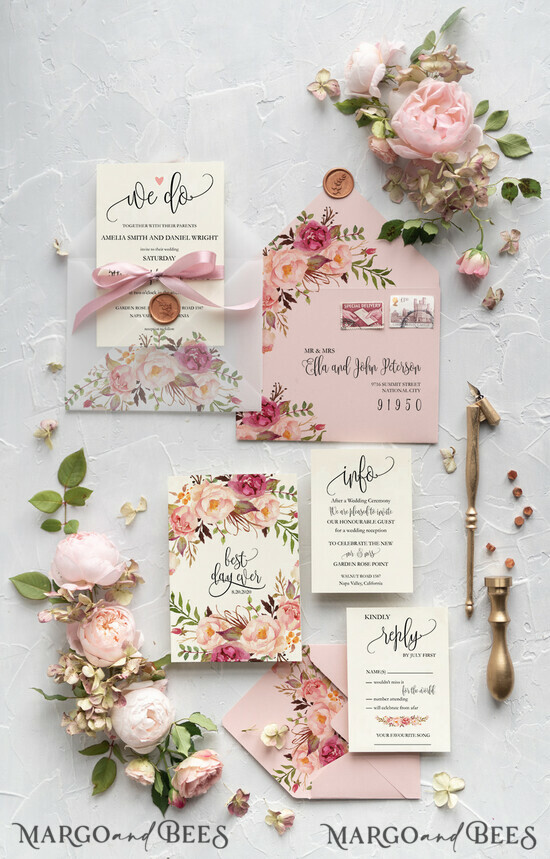HOCHZEITS EINLADUNGEN Moderne Einladungen Florale Karten Rosa Hochzeitskarten, florale Hochzeitskarten, florale Hochzeitspapeterie, florale Hochzeitsaccessoires, rosa Umschlag, rosa Band, rosa Schleife, Kalligrafie, Wir sagen Ja Hochzeitskarten, ecru Hochzeitskarten, Pfingstrosen Hochzeitskarten, ecru Hochzeitspapeterie, Pfingstrosen, Frühlingsblumen, Frühlingshochzeitskarten, Blätter, moderne Hochzeitskarten, Frühlingshochzeit, romantische Hochzeitskarten, Aquarell Hochzeitskarten, Aquarell. 20/GREENPI/z