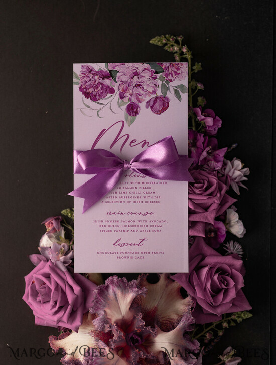 MENÜ & PROGRAMME  
 romantisch Romantisches Pfingstrosen-Hochzeitsmenü, Elegante florale Boho-Menükarte mit Schleifenband, Modernes lila Hochzeitsdinner-Menü, Handgemachtes Vintage-Blumen-Hochzeitsmenü mit Blume 03/box/m