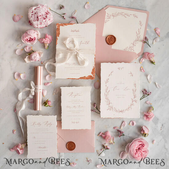 HOCHZEITS EINLADUNGEN moderne Kalligraphie / feine Kunst Feine Kunst Elfenbein Gold Hochzeitseinladung, Florale Hochzeitseinladung, Vintage Einladungssuite, Blush Pink Hochzeitseinladungssuite, Gezackte Einladungen 05/DEsu/z