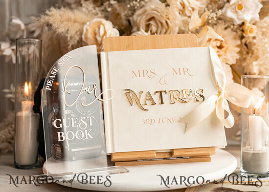 HOCHZEITS-GÄSTEBÜCHER Instax Sofortbildbuch Elfenbein Gold Acryl Hochzeitsgäste Buch personalisiert & Signaturset, Samt Sofortbildbuch Boho Elegantes Instax Hochzeitsfoto Gästebuch 022/velGPx/gbookS