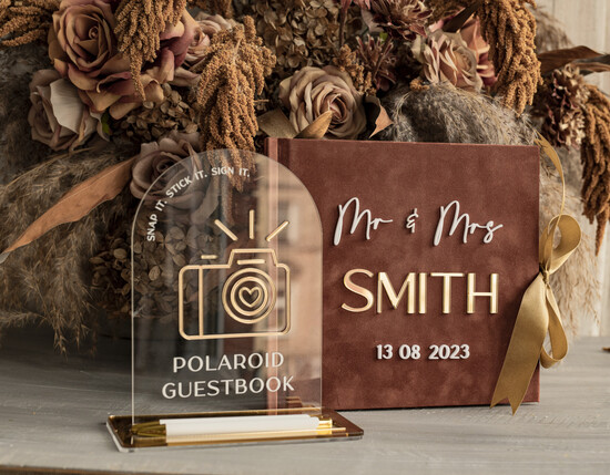 HOCHZEITS-GÄSTEBÜCHER Instax Sofortbildbuch Fall Terracotta Gold Acryl Hochzeits Gästebuch personalisiert und Unterschriften-Set, Samt Rost Sofortbildbuch Boho Elegantes Instax Hochzeitsfoto Gästebuch 024/velGPx/inkwg