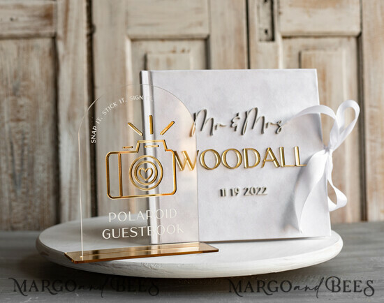 HOCHZEITS-GÄSTEBÜCHER Instax Sofortbildbuch Reines Weißes Gold-Acryl-Hochzeitsgästebuch, personalisiert und mit Unterschriftenset, Samtweißes Sofortfoto-Buch Boho-Elegant Instax Hochzeitsfoto-Gästebuch 22/velGPx/gbookA