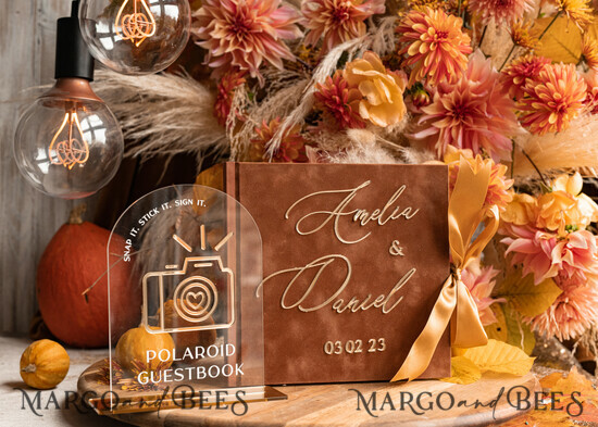 HOCHZEITS-GÄSTEBÜCHER Instax Sofortbildbuch Fall Terracotta Gold Acryl Hochzeitsgäste Buch personalisiert und Unterschrift Set, Samt Rost Sofortbildbuch Boho Elegant Instax Hochzeitsfoto Gästebuch 01/VelgpxTer/gbookS