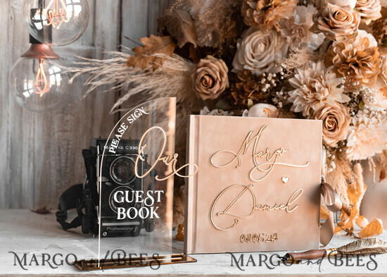 HOCHZEITS-GÄSTEBÜCHER Instax Sofortbildbuch Hochzeits Beige Gästebuch Personalisierte und Unterschriften-Set, Samt Sofortbildbuch Boho Elegant Instax Hochzeitsfoto Gästebuch 06/ACGoldPG/gbook