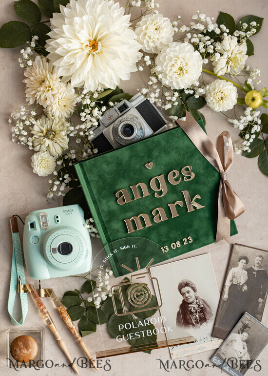 HOCHZEITS-GÄSTEBÜCHER Instax Sofortbildbuch Smaragdgrünes Gold-Acryl-Hochzeitsgastbuch personalisiert und mit Unterschrift-Set, Samtgrün Garten Grün Instant-Fotobuch Boho Elegantes Instax-Hochzeitsfoto-Gästebuch 02/velGrePx/gbook