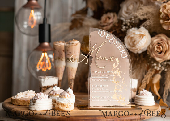 TISCHDEKORATIONSCHILDER   Acryl Tischdekoration Zahlen Acrylbogen Beige Ombre Dessertmenü, klarer Acryl Gold Taupe Candy Bar Schild, Nude Gold Plexi Tischbogen Menü, luxuriöse Beige Ombre Hochzeits Tischdekoration, Hochzeitsbeschilderung goldenem Spiegel Dessertmenü 06/ACGoldPG/DMpH