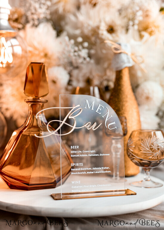 TISCHDEKORATIONSCHILDER   Acryl Tischdekoration Zahlen Acrylbogen Bar Menü, klare Acryl- und Goldschrift, goldene Plexi 3D-Buchstaben, klare Acrylschilder, luxuriöse Hochzeits Tischdekoration, Hochzeitsschild Gold Getränkebar Menü. 01/FrGoldArch/Bmar