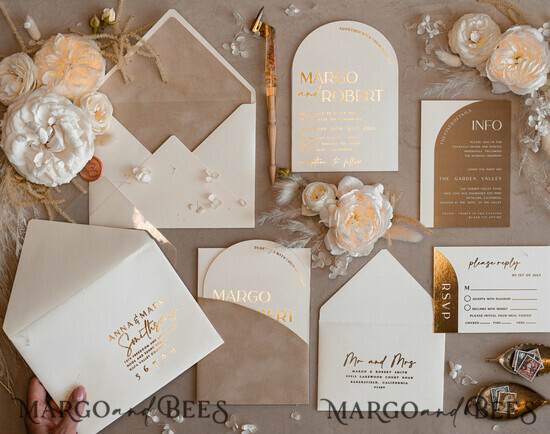 PROBENNEHMESERVICE
 Muster
 Elfenbein Gold Hochzeits Einladung Muster, handgemachtes Musterset, Beige Samt und Goldfolie Hochzeits Einladung, Glamour Einladungen Musterset 01/velGPx/sample