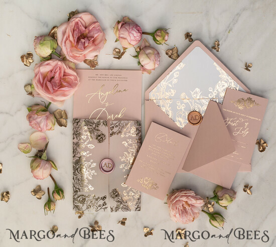PROBENNEHMESERVICE
 Muster
 Staubige Rose Hochzeits Einladung Muster, handgemachtes Muster Set, Gold Arabische Hochzeits Einladung Muster, Glamour Blumeneinladungen Muster Set 05/goldkalw/sample