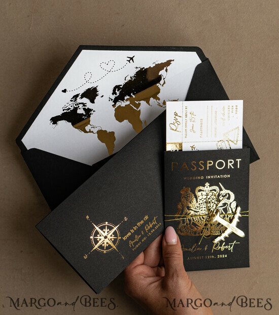 PROBENNEHMESERVICE
 Muster
 Gold Weiß Schwarz Reisepass Hochzeitsinvitation, Goldene Hochzeitskarten Boarding Pass, Reisepass Hochzeitsinvitationen im Ausland, Hochzeitsladungen für Zielorte, Reise-Karten Hochzeitsstationär 05/passM/sample