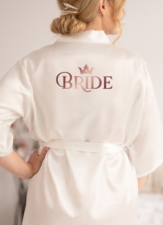 FRISCH VERHEIRATETES PAAR GESCHENKE Brautgeschenke Satin elegante weiße Robe für die Braut, maßgeschneiderte Braut mit roségoldener Hochzeitsinschrift, maßgeschneiderte Brautrobe 08/bride/robe