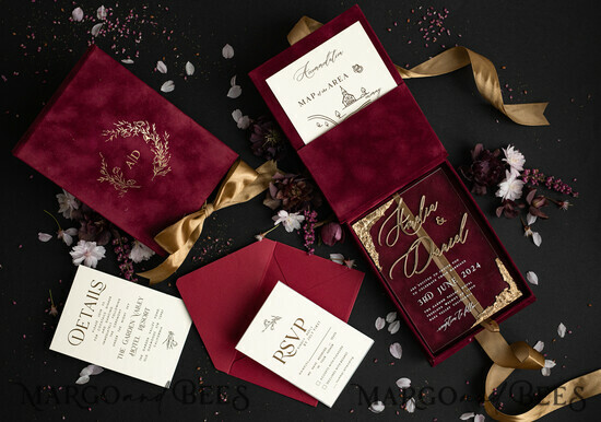 HOCHZEITS EINLADUNGEN Einladungen für VIP/ Boxeinladungen für Eltern Blush Pink Boxed Hochzeitseinladungset, 3D Gold Plexi Hochzeitseinladung Suite Luxusbox, elegante Boho Samt-Hochzeitskarten, maßgeschneiderte goldene Einladungen 08/luxvel/box