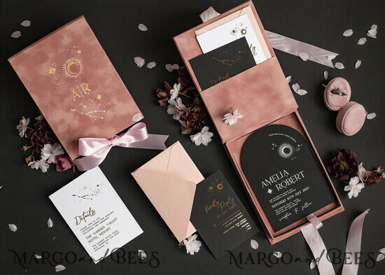 HOCHZEITS EINLADUNGEN Einladungen für VIP/ Boxeinladungen für Eltern Arch Acryl Hochzeitskarten in Samtbox, Schwarze Plexi Glamour Hochzeitskarten Suite Luxusbox, Mond Sterne Elegante Samthochzeitskarten 07/luxvel/box