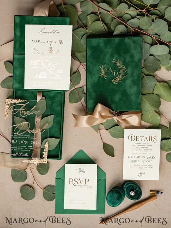 HOCHZEITS EINLADUNGEN Einladungen für VIP/ Boxeinladungen für Eltern Luxus Goldfolien-Hochzeitskarten-Box, Boxierte Plexiglas-Hochzeitskarten, Elegante grüne Samthochzeitskarten, Maßgeschneiderte goldene Hochzeitsstationery, Spiegelgold-Einladungen 05/luxvel/box