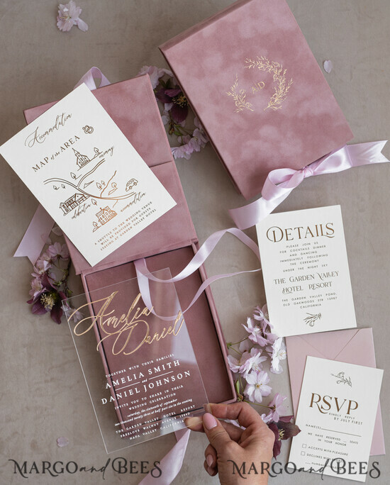 HOCHZEITS EINLADUNGEN Einladungen für VIP/ Boxeinladungen für Eltern Rosa Boxierte Hochzeitsinvitationsset, 3D Gold Plexi Hochzeitsinvitation Suite Luxusbox, Elegante Boho Samt Hochzeitskarten, Maßgeschneiderte Goldene Einladungen 07/luxvel/box