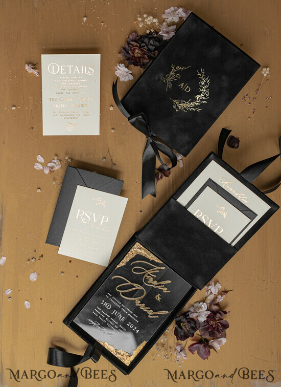 HOCHZEITS EINLADUNGEN Einladungen für VIP/ Boxeinladungen für Eltern Schwarzes Hochzeitsinvitation-Set, 3D goldene Plexi-Hochzeitsinvitation-Suite Luxus-Box, elegante Boho-Velours-Hochzeitskarten, maßgeschneiderte goldene Einladungen 10/luxvel/box