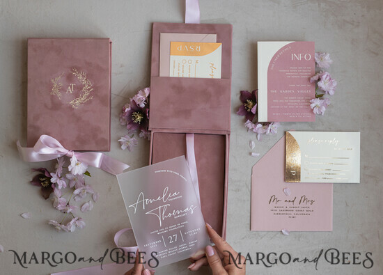 HOCHZEITS EINLADUNGEN Einladungen für VIP/ Boxeinladungen für Eltern Acrylhochzeitskarten in Samtbox, Frozen Plexi Glamour Hochzeitskarten Suite Luxusbox, elegante Samthochzeitskarten, maßgeschneiderte goldene Einladungen 06/luxvel/box
