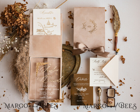 HOCHZEITS EINLADUNGEN Einladungen für VIP/ Boxeinladungen für Eltern Luxuriöse Goldfolien-Hochzeitseinladungsbox, Acryl-Einladung in Samtbox, romantische Samthochzeitskarten, maßgeschneiderte goldene Hochzeitsstationery, luxuriöse Einladungen. 02/luxvel/box