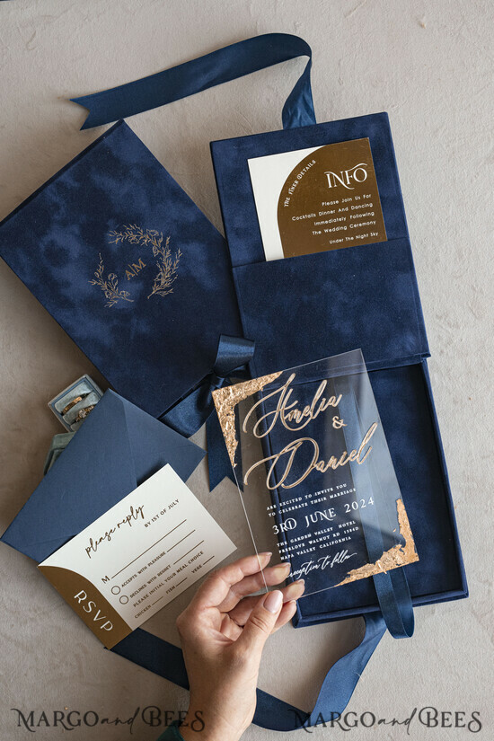 HOCHZEITS EINLADUNGEN Einladungen für VIP/ Boxeinladungen für Eltern Vip Marineblau Goldfolie Hochzeitseinladungen in Samtbox, Plexi Glamour Hochzeitseinladungsset Luxusbox, Romantische Samthochzeitseinladungen, Maßgeschneiderte goldene Einladungen 12/luxvel/box
