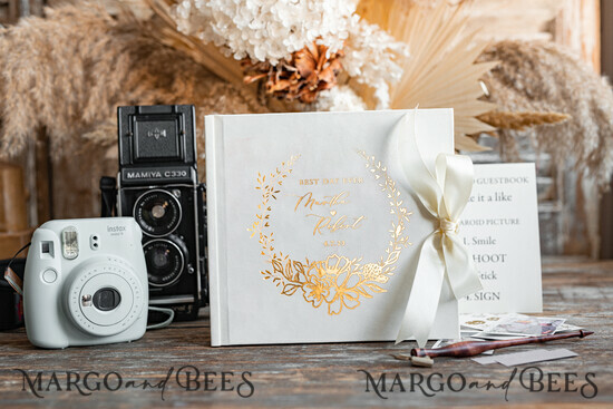 HOCHZEITS-GÄSTEBÜCHER Samtkissen Instax Gästebuch Elegantes elfenbeinfarbenes Instax-Velours-Hochzeits-Gästebuch Gold, großes sofortiges Hochzeits-Gästebuch, Polaroid-Velours-Gästebuch Golden Hochzeit. 30/VelvetM/kwg
