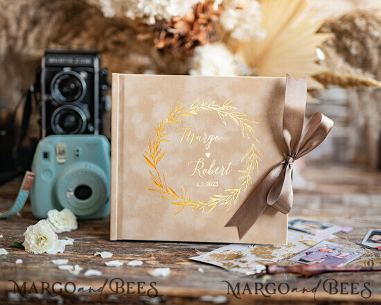 HOCHZEITS-GÄSTEBÜCHER Samtkissen Instax Gästebuch Boho Nude Instax Samt Hochzeits-Gästebuch Gold, Großes Sofort-Hochzeits-Gästebuch, Polaroid Samt-Gästebuch Beige Golden Hochzeit 20/VelvetM/kwg