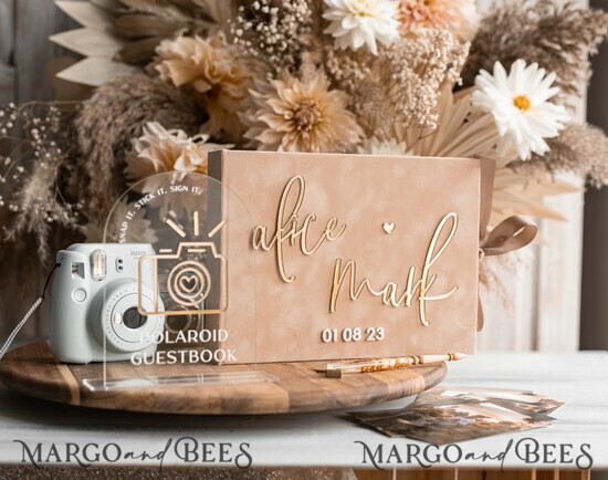 HOCHZEITS-GÄSTEBÜCHER Samtkissen Instax Gästebuch beige Gold personalisiertes Hochzeitsgäste Buch und Bogen Acryl Instax Schild, Samt Erinnerungsfoto Buch und klares Schild Set Herbsthochzeit, Polaroid Samt Gästebuch & Plexi Instax Schild Set 19/VelBoxM/kwgTN