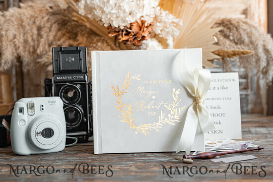 HOCHZEITS-GÄSTEBÜCHER Samtkissen Instax Gästebuch Minimalistisches Elfenbein Instax Samt Hochzeitsgäste Buch Gold, Großes Sofort Hochzeitsgäste Buch, Polaroid Samt Gästebuch Goldene Hochzeit 34/VelvetM/kwg