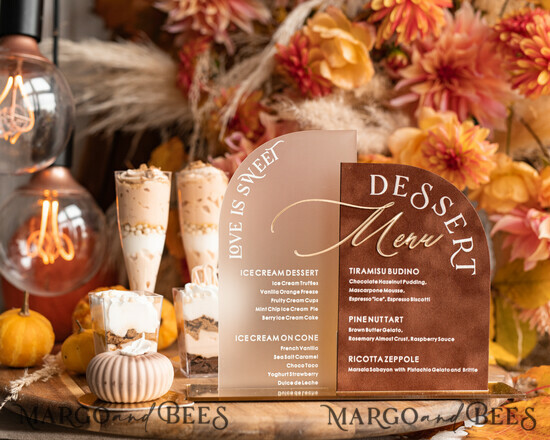 TISCHDEKORATIONSCHILDER   Samt Tischnummern und Dekoration Acrylbogen Dessertmenü, Terracotta gefrorenes Acryl Gold Candy Bar Schild, Herbstgold Plexi Tisch Dessertmenü Kombination Luxus Hochzeits Tischdekoration, Hochzeitsbeschilderung Goldenes Spiegel Candy Bar Menü 01/VelgpxTer/TNMc