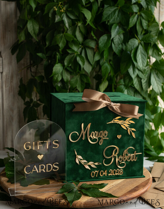 KARTONBOXEN  
 Samtkartenboxen Geschenkkartenbox & Bogen-Schild-Set, Samtgrünes Hochzeitswunschbrunnen-Geschenkkartenbox, Personalisierte Hochzeitskartenbox, Grünluxus 05/velGreSS/kopr