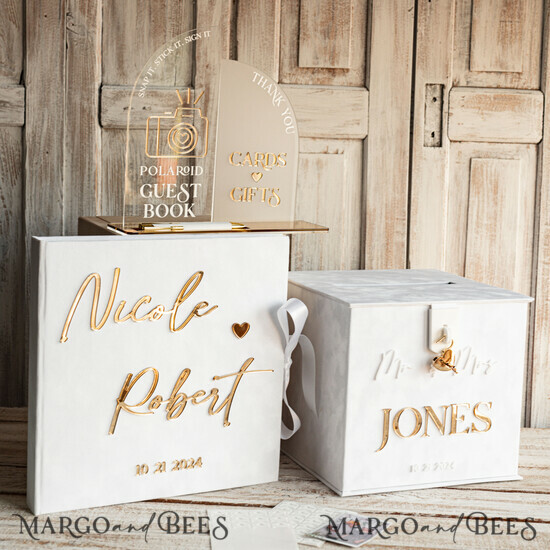 KARTONBOXEN  
 Samtkartenboxen Weißes Gold Samt Set Kartenbox mit Schloss & Polaroid Gästebuch & Karten Geschenke Schild und Instax-Anleitungsschild Kombination und Stiftset, Hochzeitskartenbox mit Deckel Sofort Instax Gästebuch Hochzeitsgeldbox Sing Gästebuch Set 022/velGPx/setALBCbSLock