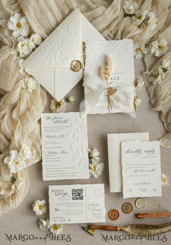 HOCHZEITS EINLADUNGEN geprägte Einladungen Feine Kunst geprägte Elfenbein-Gold-Hochzeitseinladung mit zerrissenem Chiffonband, goldgeprägte Rosenblüten-Hochzeitseinladung. 02/Emrosrw/z25