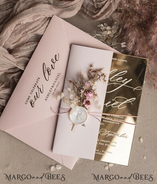 HOCHZEITS EINLADUNGEN Plexiglas Acrylspiegel Luxus Spiegel Gold Hochzeitseinladungen, Elegante Blush Pink Hochzeitseinladungen, Glamour Acryl Hochzeitseinladungen, Klare Plexi Hochzeitseinladung Suite 01/TbukM/z