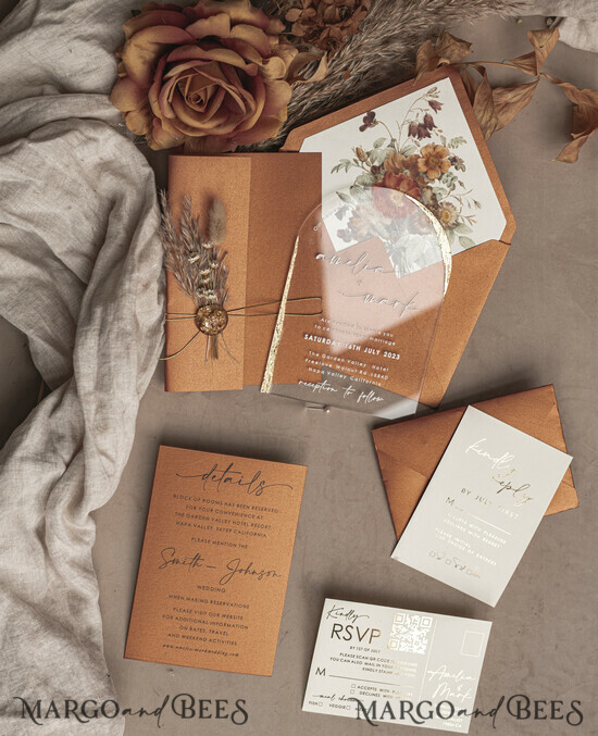 HOCHZEITS EINLADUNGEN Plexiglas Acrylspiegel Herbst Terracotta Klare Bogen Hochzeitskarten, Elegante Gartenhochzeitseinladungen im Herbst, Gebrannte Orange Acryl transparente Hochzeitskarten, Bogen Plexi Hochzeits Einladungset. 02/TbukGM/z