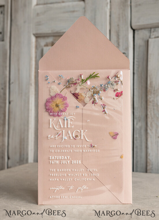HOCHZEITS EINLADUNGEN Plexiglas Acrylspiegel Blush Pink Klarsicht-Echte Blumen Hochzeitskarten, Elegante Garten Pampasgras Hochzeitskarten, Samt transparente Hochzeitsanfragen, Hochzeits Einladungssuite 02/Lam/z
