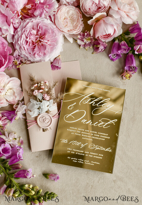 HOCHZEITS EINLADUNGEN Plexiglas Acrylspiegel Gold Spiegel Acryl Hochzeitseinladungen – Luxuriöse Plexiglas Hochzeitseinladung Suite mit Wachssiegel & QR RSVP 01a/TbukM/z